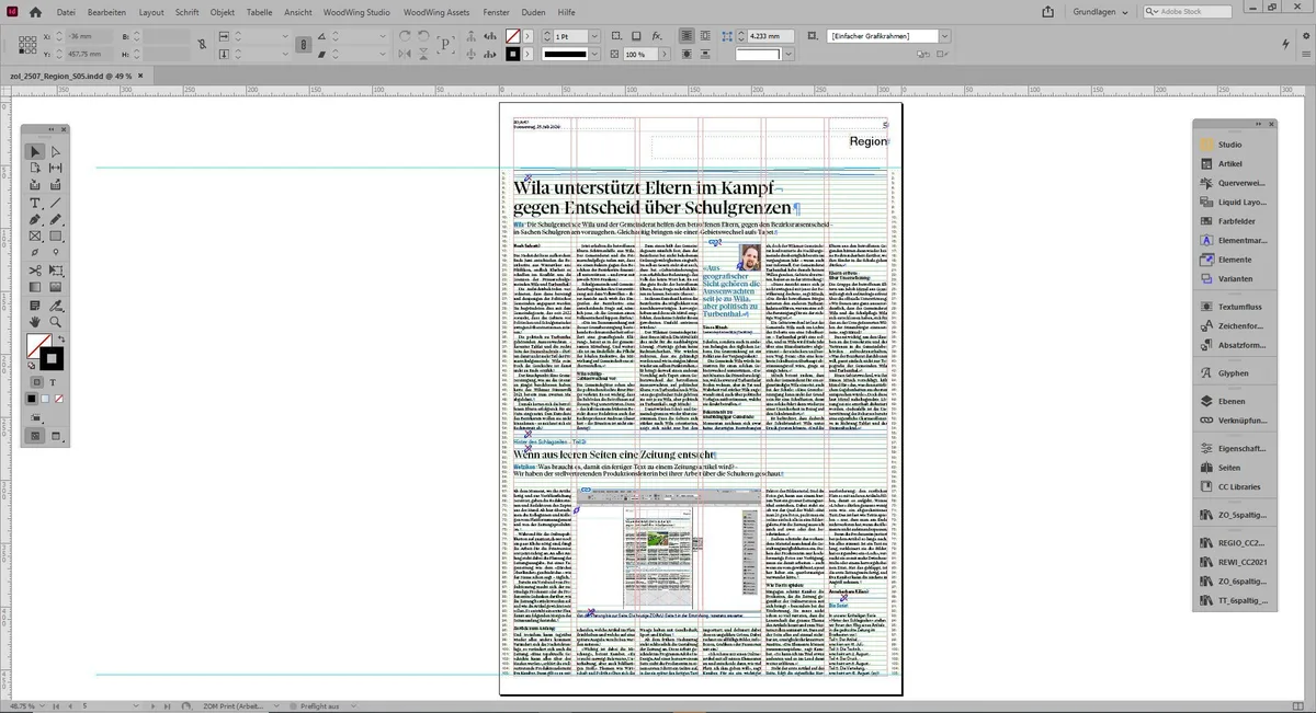 Man sieht eine InDesign-Seite, die sich in eine Zeitungsseite verwandelt.